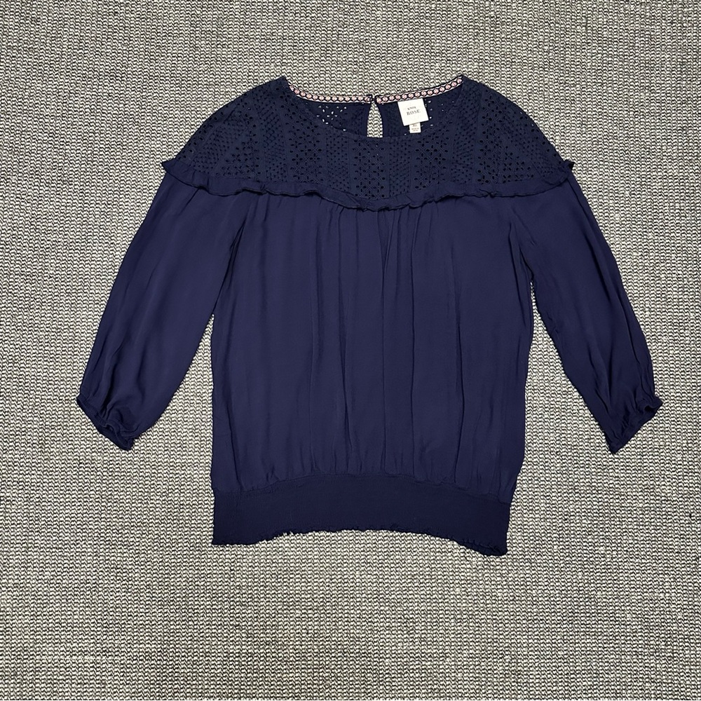 Knox Rose Navy Blue Blouse with Lace Detail